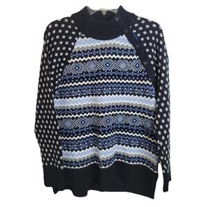 T By Talbots Gorgeous Black White Blues Thermolite Snap Neck Sweater 2X NWT